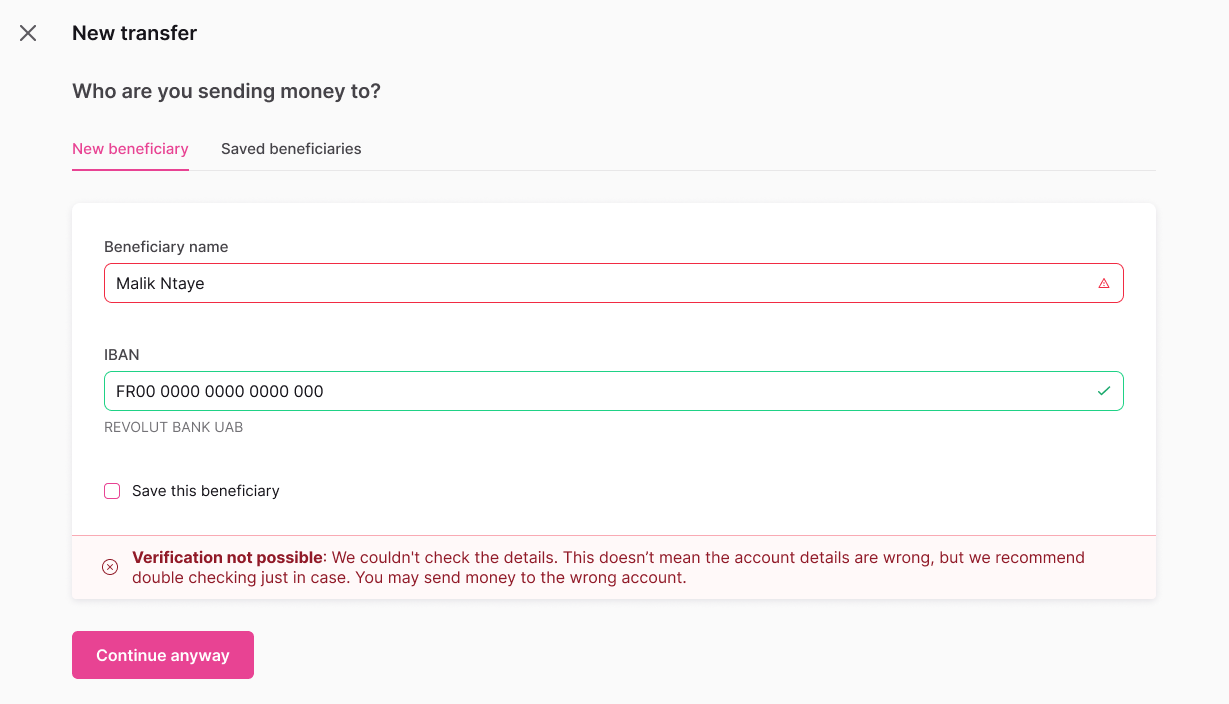 Verification not possible web banking screen
